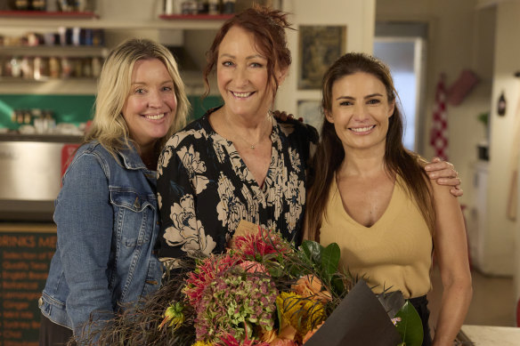  Home and Away producer Lucy Addario, Lynne McGranger and Ada Nicodemou on the set for McGranger’s last day on March 26.