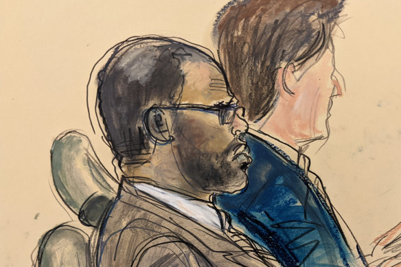  A courtroom sketch of R. Kelly, left, on the opening day of his trial.