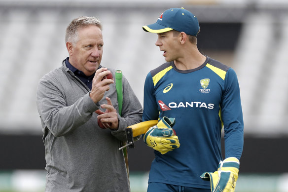 Former Australian wicket-keeper Ian Healy, left, with current captain Tim Paine during last year's Ashes series in England.