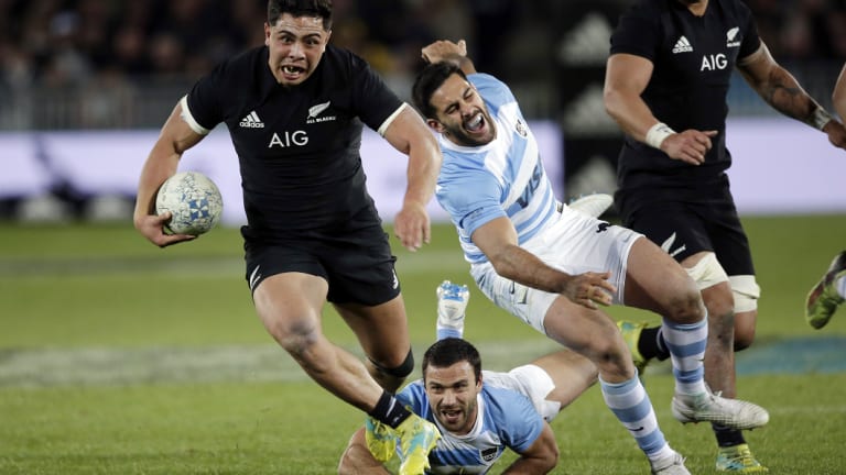 Slick: Anton Lienert-Brown scythes through the Pumas defence at Trafalgar Park in Nelson.