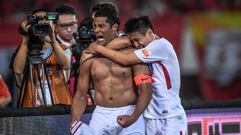 Powerful: Hulk celebrates in emphatic fashion after scoring for SIPG against Evergrande.