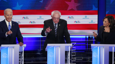 Joe Biden with Bernie Sanders and Kamala Harris.