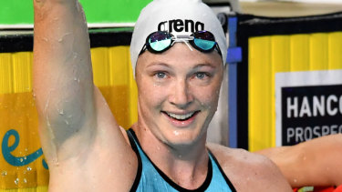 Comeback: Cate Campbell celebrates after winning the final of the womens 50 metre freestyle at the Gold Coast Aquatic Centre.