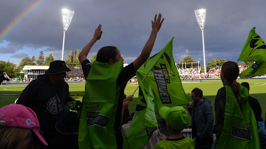 A young fan was hit by a six at Manuka Oval on Saturday. 