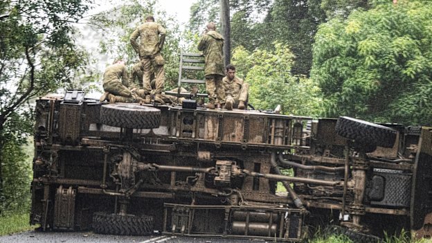 One of the trucks which had rolled on its side on Saturday afternoon.