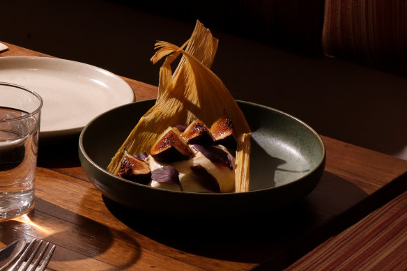 Sweet corn tamale with chantilly and fig brûlée by Maiz Mexican Street Food.