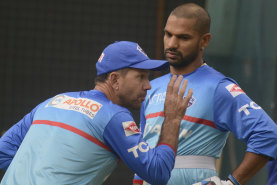 Ricky Ponting in discussion with  Shikhar Dhawan during his role as Delhi Capitals coach in the IPL.