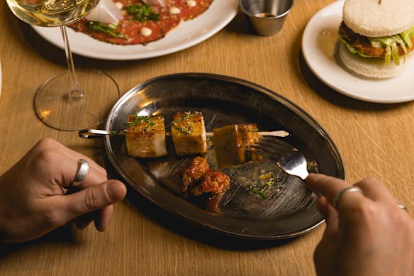 Swordfish belly skewer with capsicum agrodolce.