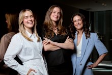 Kic co-founders Laura Henshaw (black dress), Stephanie Miller (white shirt) and ‘external’ CEO Jane Martino (blue) in their South Yarra office in Melbourne, Victoria.