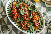 Roasted eggplants stuffed with chickpeas.