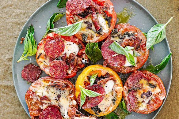 Pepperoni pizza stuffed tomatoes.