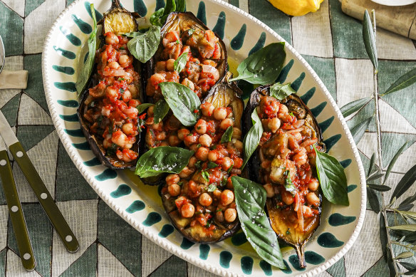 Roasted eggplants stuffed with chickpeas.