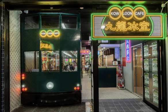 The tram at the Rowe Street shopfront in Eastwood.