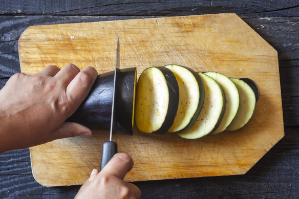 Cut the eggplant into rounds before brining or salting.