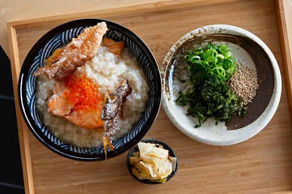 Grilled salmon congee. 