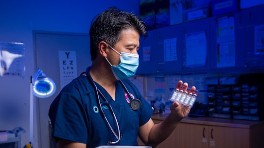 Dr Bernard Shiu, preparing to deliver the AstraZeneca COVID-19 vaccine for the first time tomorrow at the Banksia Medical Centre in Newcomb.