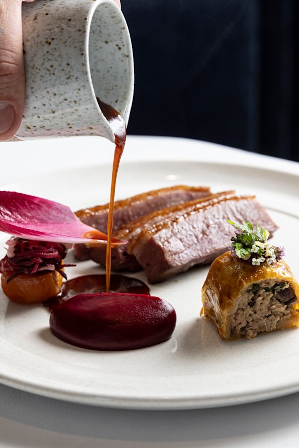 The Great Ocean Road duck dish comprises glazed, roasted breast with the leg and offal turned into a mini sausage roll.