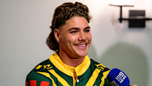 Reece Walsh speaks to media.