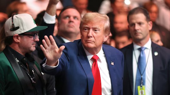 Republican presidential candidate and former President Donald Trump arrives to watch the UFC 296 in Las Vegas.