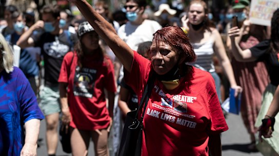 David Dungay Jr’s mother, Leetona, leads a Black Lives Matter rally in Sydney in December 2020.