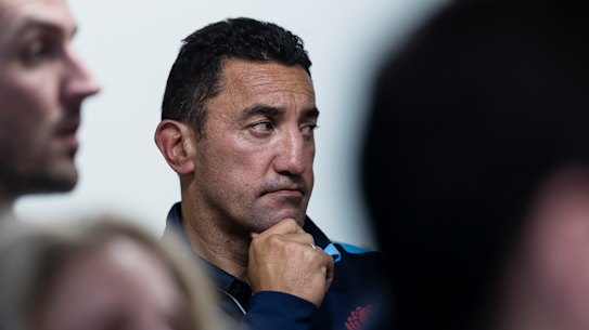 Time to go: Daryl Gibson watches on as Waratahs boss Andrew Hore addresses the media in the wake of the coach's departure.