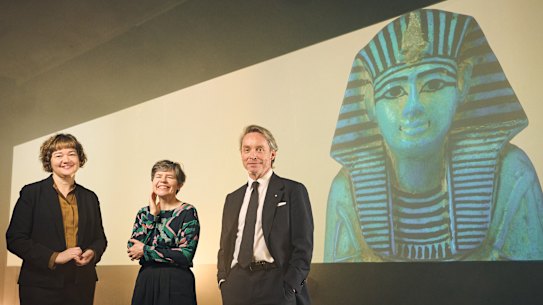 Tony Ellwood AM, Director, NGV, Amanda Dunsmore and Dr Miranda Wallace, NGV Senior Curators, at the announcement of the 2024 Melbourne Winter Masterpieces exhibition Pharaoh.