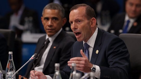 Prime Minister Tony Abbott chaired the plenary session of the G20 seated with the President of the United States Barack Obama in Brisbane on Saturday 15 November 2014. 