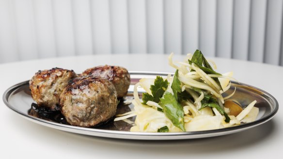 Polpetti (wagyu beef and pork meatballs) with fennel salad.