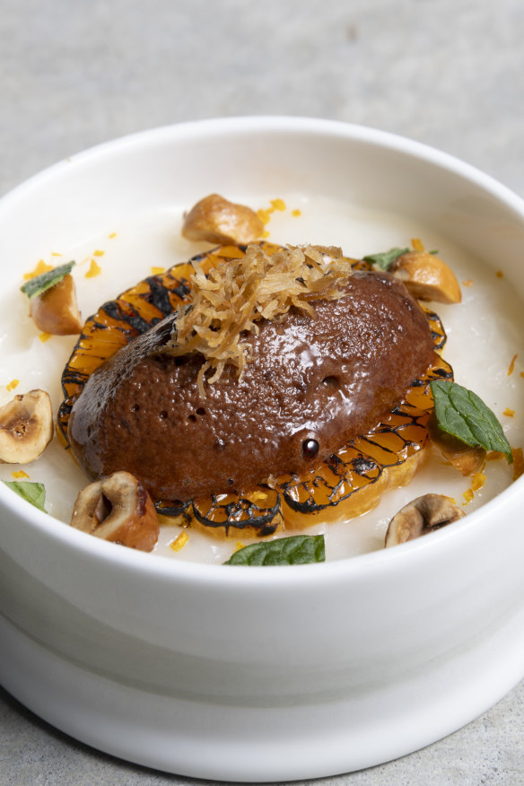 Rice porridge, ginger, hazelnut mousse and grilled mandarin.
