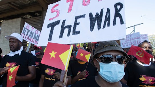 Members of the Tigrayan-Ethiopian community in Pretoria, South Africa, protest against the conflict in Ethiopia's Tigray region.