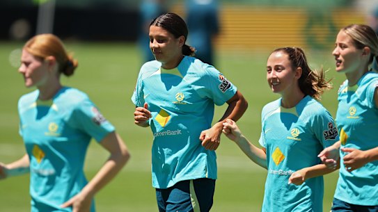 Sam Kerr trains with the Matildas in Perth on Wednesday.