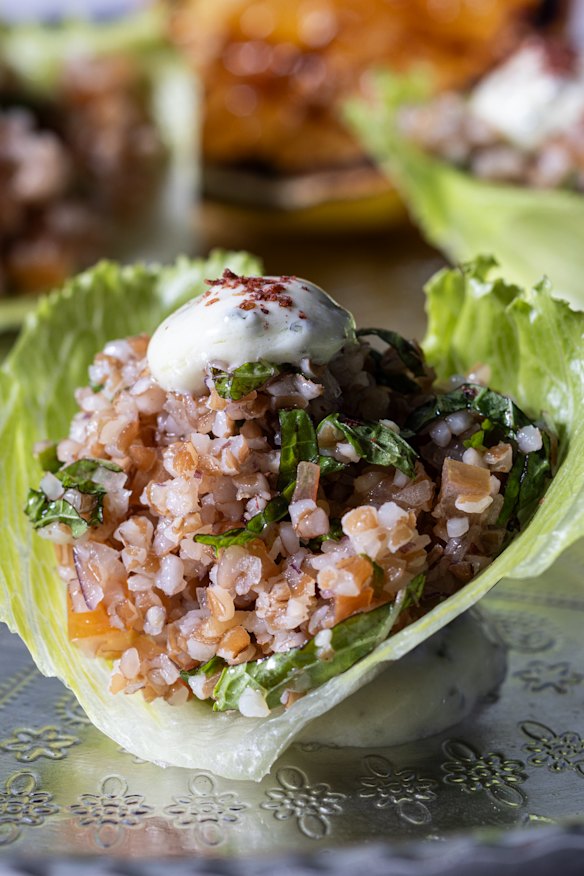 Tabbouleh bites, served sang choy bao-style.