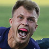 Easts winger Darby Lancaster celebrates his match-winning try.