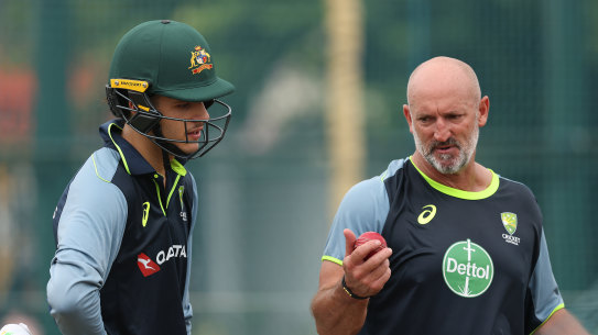 Sam Konstas speaks with batting coach Michael Di Venuto during an Australia nets session at Galle.