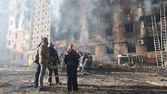 A residential building that was heavily damaged after a Russian strike on Ternopil in Ukraine on Wednesday.