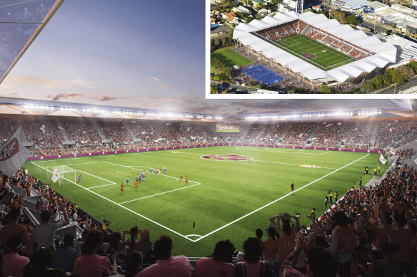 Perry Park composite image. Football Queensland has released its vision for the Bowen Hills stadium, designed by Populous. 