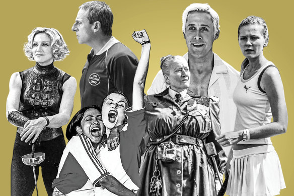Clockwise from top: Ryan Gosling in Barbie; Kirsten Dunst in Wimbledon; Emma Thompson in Matilda the Musical; Parminder Nagra and Keira Knightley in Bend it Like Beckham; Madonna in Die Another Day; and Steve Carell in Foxcatcher.