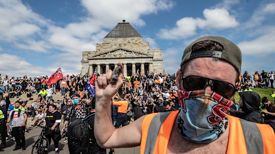 A protester at the 
Shrine of Remembrance on Wednesday.