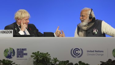 Perdana Menteri Inggris Boris Johnson dan Perdana Menteri India Narendra Modi saat peluncuran Koalisi untuk Infrastruktur Tahan Bencana. 