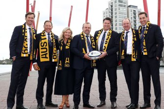 Rugby Australia’s successful bid team in Dublin on Thursday; (from left) Patrick Eyers, Phil Kearns, Pip Marlow, Andy Marinos, Hamish McLennan, Brett Robinson and Anthony French.