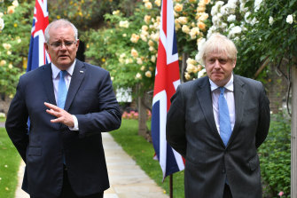 Australian Prime Minister Scott Morrison and his British counterpart Boris Johnson at press conference in the Downing Street garden.earlier this month.