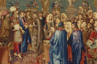 A 17th-century tapestry depicts King Louis XIV (left, in red tights) receiving the apology of the Spanish ambassador.