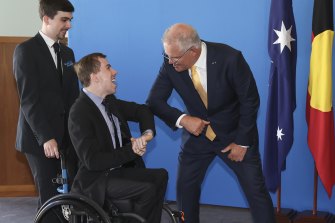 Queensland recipients of the Young Australian of the Year award, Daniel and William Clarke, with Prime Minister Scott Morrison in January this year. 