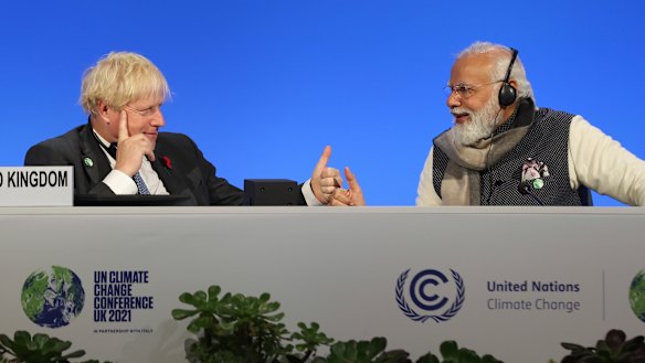UK Prime Minister Boris Johnson and Prime Minister of India Narendra Modi during the launch of the Coalition for Disaster Resilient Infrastructure. 