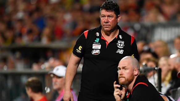 Saints coach Brett Ratten and assistant Jarryd Roughead watch on during the round 13 clash with the Crows in Cairns.