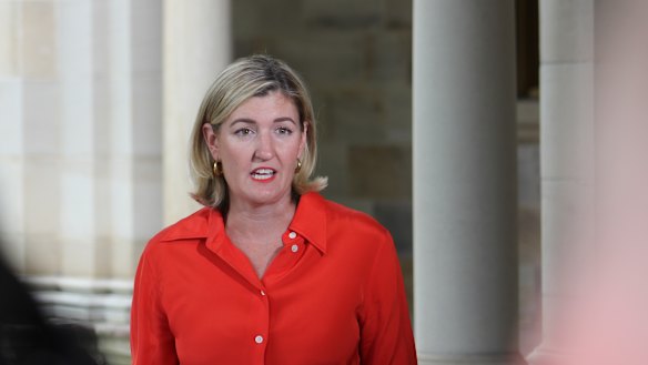 Shadow Treasurer Shannon Fentiman speaks from Parliament House on Wednesday.