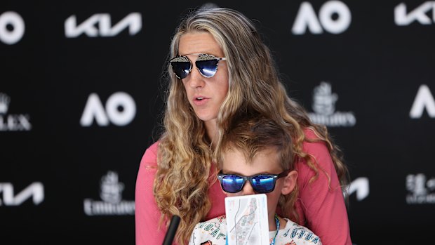 Victoria Azarenka sits with her son Leo .