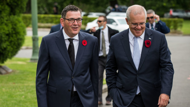 Victorian Premier Daniel Andrews and Prime Minister Scott Morrison arrive at the Remembrance Day service at Melbourne’s Shrine of Remembrance on Thursday.
