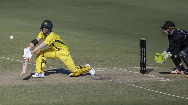 David Warner bats during Australia's practice match against New Zealand in Brisbane on Monday.