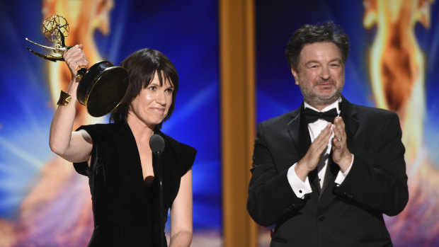 2018 Creative Arts Emmy Awards: Deborah Riley, left, and Paul Ghirardani accept the award for outstanding production design for a narrative period or fantasy program (one hour or more) Game of Thrones' 'Dragonstone'.